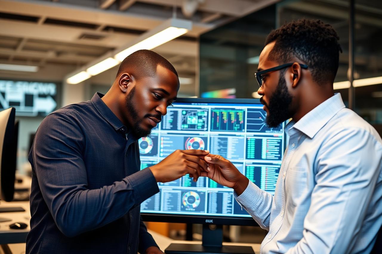 Ingénieurs SOGESCOM TECHNOLOGIES analysant une architecture réseau